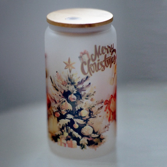 Merry Christmas Glasses cup 16 oz glass cup with Straw & Bamboo Lid. - Picture 3 of 8